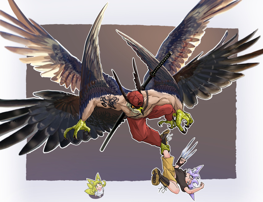 &gt;:o 1boy 2girls :o animal_ears baseball_cap beak bird bird_wings black_shirt blonde_hair boots claws commentary_request dog_ears doitsuken dress feathered_wings fighting flying_sweatdrops fox_ears fox_tail grey_background hat hawk head_wings highres lavender_hair looking_down looking_up medium_hair monster multiple_girls multiple_tails multiple_wings muscle open_mouth orange_eyes original pants perspective red_hat red_pants shirt short_sleeves shorts tail tattoo upside-down white_dress wings yellow_eyes yellow_shorts