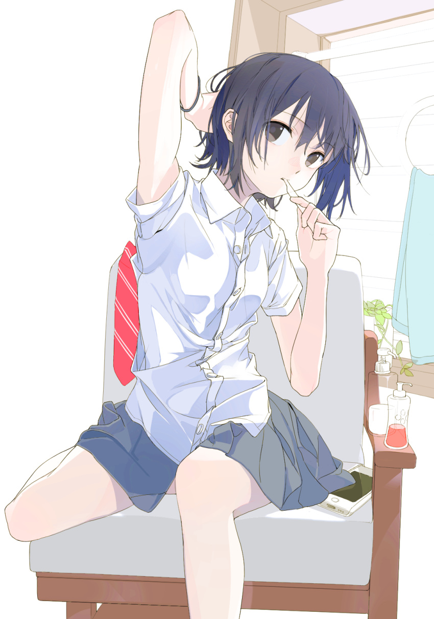 1girl arm_up aspara bangs blue_hair bottle chair dress_shirt eyebrows_visible_through_hair food grey_eyes hair_between_eyes hand_in_hair hand_up highres holding holding_food indoors looking_at_viewer original pleated_skirt popsicle school_uniform shirt short_hair short_sleeves simple_background sitting skirt solo white_background white_shirt window