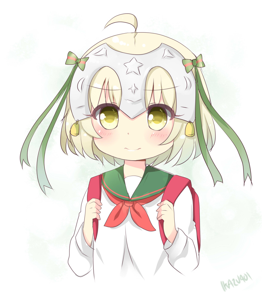 absurdres agung_syaeful_anwar ahoge backpack bag blonde_hair blush bob_cut child closed_mouth diadem eyebrows_visible_through_hair fate/apocrypha fate_(series) green_ribbon green_sailor_collar hair_ribbon highres janne_d'arc long_sleeves looking_at_viewer neckerchief randoseru red_neckerchief ribbon ruler_(fate/apocrypha) school_uniform serafuku shirt short_hair signature simple_background upper_body white_background white_shirt yellow_eyes younger