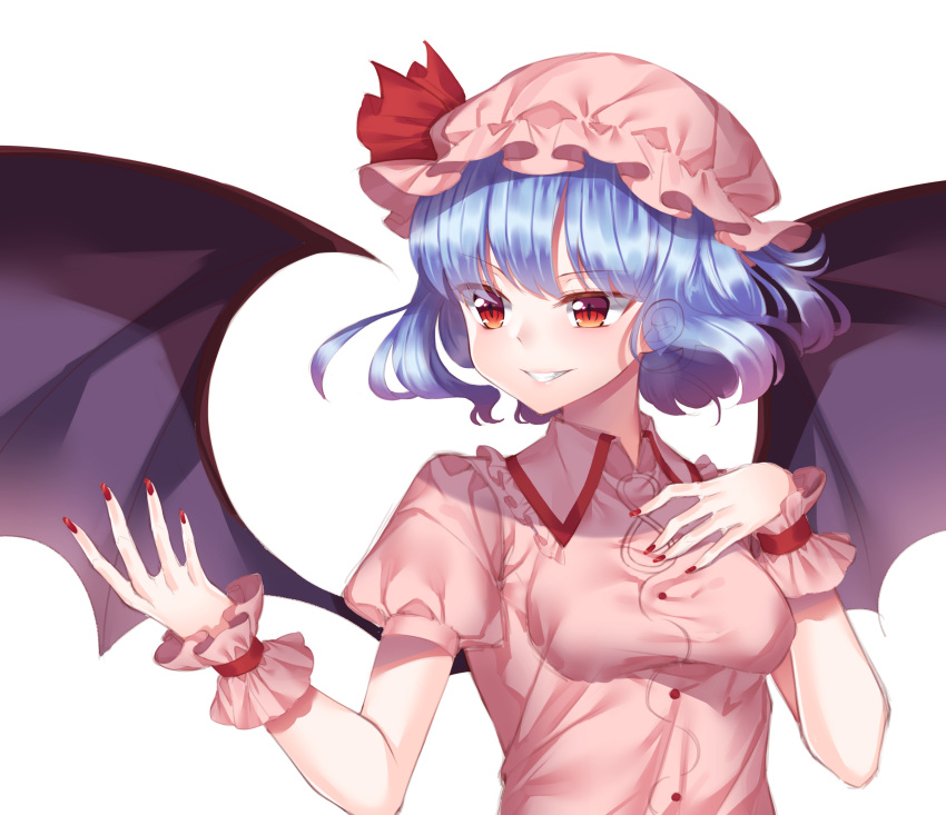 1girl absurdres bangs bat_wings black_wings blue_hair bow breasts brown_eyes buttons eyebrows_visible_through_hair gem_oblivion hand_on_own_chest hat hat_bow highres mob_cap nail_polish pink_hat puffy_short_sleeves puffy_sleeves red_bow remilia_scarlet short_hair short_sleeves simple_background slit_pupils small_breasts smile solo touhou upper_body white_background wings