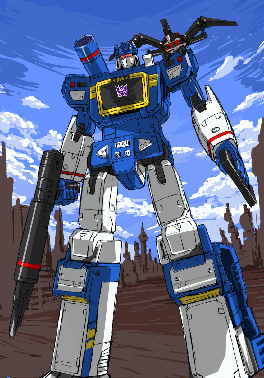 1boy 80s bird blue_sky cannon cassette_tape clouds cloudy_sky day decepticon eagle gun handgun highres holding holding_gun holding_weapon insignia landscape laserbeak looking_at_viewer machine machinery mamesi-ii mecha no_humans oldschool outdoors personification ravage red_eyes robot sky solo soundwave transformers weapon