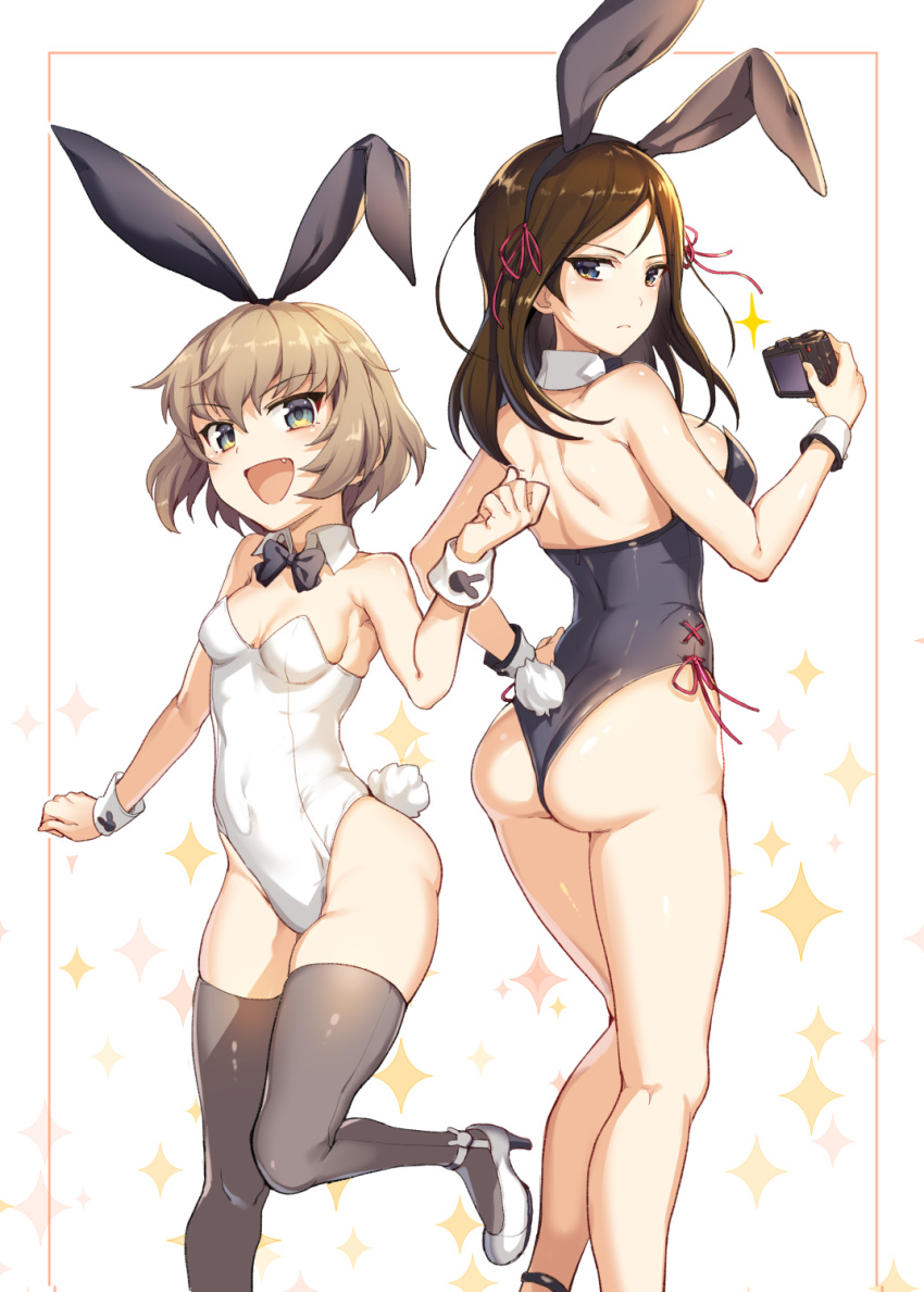2girls :d animal_ears ass bangs bare_shoulders black_legwear black_leotard blue_eyes bow bowtie breasts brown_hair bunny_girl bunny_tail bunnysuit cleavage closed_mouth detached_collar digital_camera eyebrows_visible_through_hair fake_animal_ears fang girls_und_panzer hairband hand_on_hip hand_up high_heels highres ikomochi katyusha large_breasts leotard long_hair looking_at_viewer looking_back multicolored multicolored_eyes multiple_girls nonna open_mouth parted_bangs rabbit_ears short_hair shoulder_blades sideboob simple_background small_breasts smile sparkle standing standing_on_one_leg tail thigh-highs white_leotard wrist_cuffs
