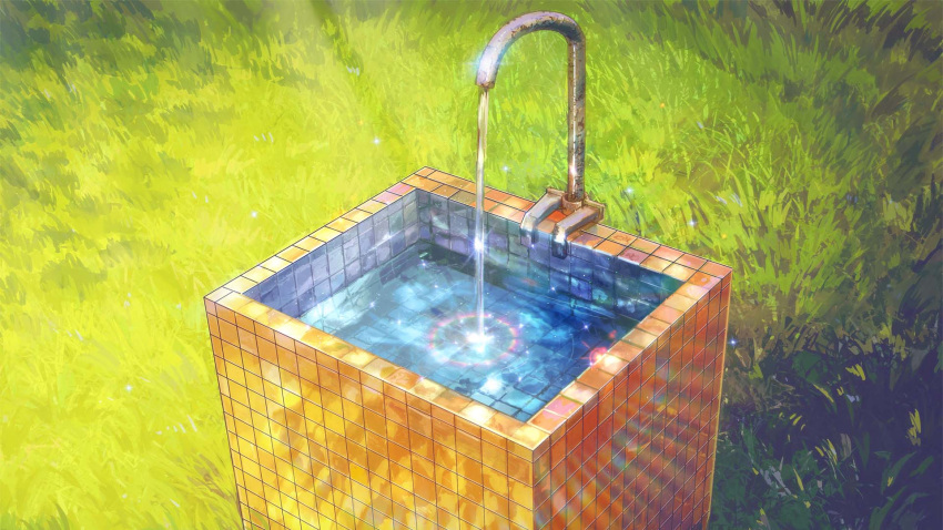 arsenixc commentary day everlasting_summer faucet grass highres light_particles no_humans outdoors reflection rust scenery sunlight water