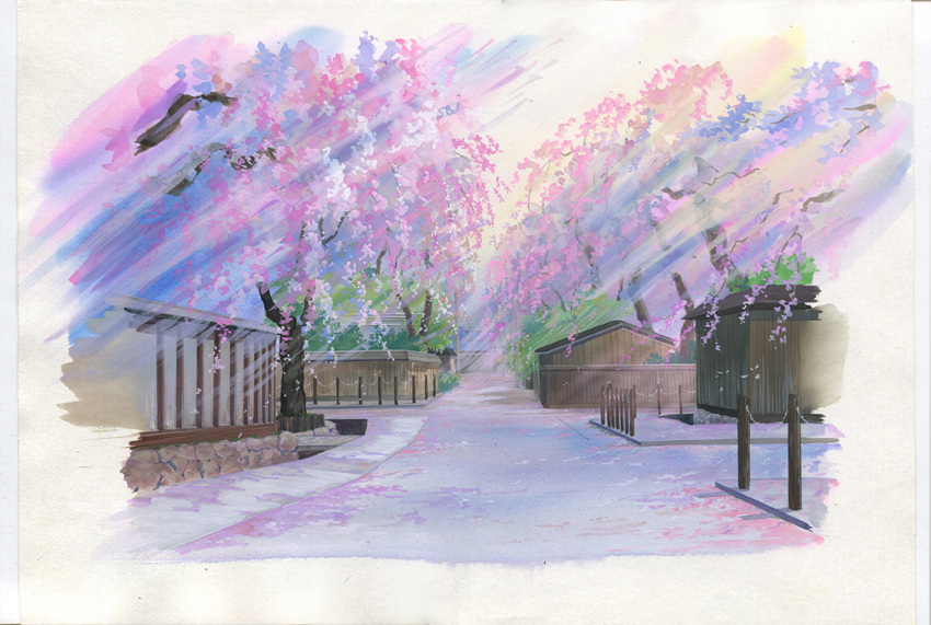 building cherry_blossoms commentary day fence no_humans original outdoors road sawitou_mizuki scenery street sunlight traditional_media tree wall