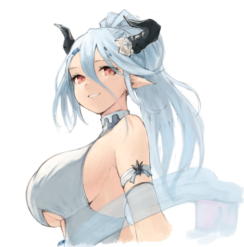 1girl bare_shoulders blue_hair breasts doraf flower from_side granblue_fantasy hair_between_eyes hair_flower hair_ornament highres horns izmir koretsuki_azuma large_breasts long_hair looking_at_viewer looking_to_the_side parted_lips pointy_ears ponytail red_eyes shawl sideboob smile solo under_boob upper_body