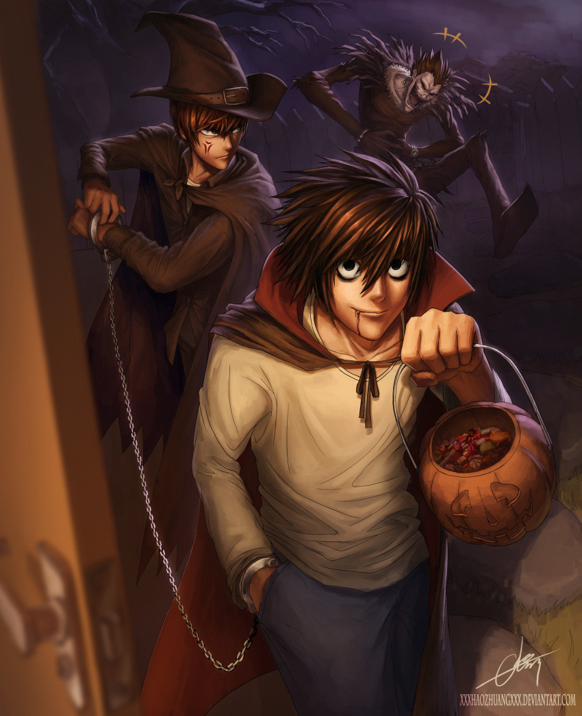 3boys absurdres anger_vein bangs black_cape black_eyes black_hat black_pants black_shirt blood blue_pants brown_eyes brown_hair candy cape chains claws closed_eyes closed_mouth collarbone cuffs death_note demon deviantart_username earrings fang_out food fur_trim hair_between_eyes halloween halloween_costume hat hat_belt high_collar highres holding_basket jewelry l_(death_note) laughing looking_at_another looking_at_viewer male_focus multiple_boys narutocuhh open_mouth pale_skin pants pointy_hair pumpkin ryuk sharp_teeth shirt signature smile standing teeth vampire watermark web_address white_shirt witch_hat yagami_light