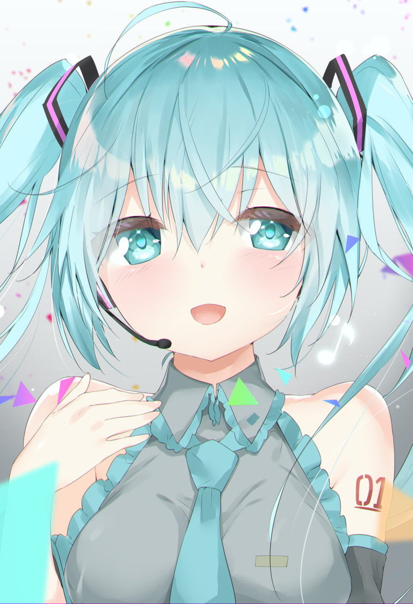 1girl :d absurdres anniversary aqua_eyes aqua_frills aqua_hair aqua_necktie arm_tattoo bare_shoulders blush confetti detached_collar detached_sleeves frills hair_ribbon hand_on_own_shoulder hatsune_miku headset highres jpeg_artifacts kamioka_shun'ya musical_note necktie open_mouth quaver ribbon smile solo tattoo twintails vocaloid