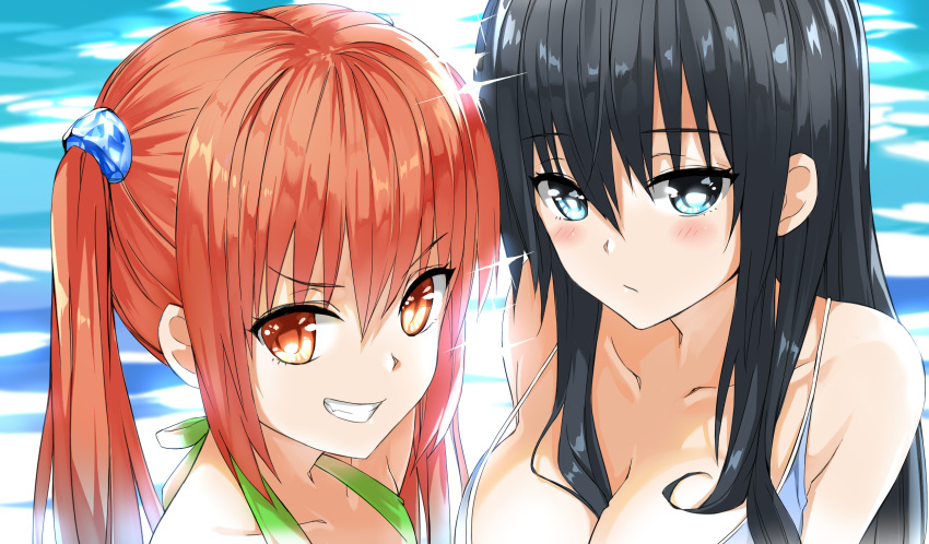 2girls arm arms_at_sides bangs bare_arms bare_shoulders between_breasts bikini black_hair blue_bikini blue_eyes blue_swimsuit blush breasts cleavage clenched_teeth closed_mouth collarbone eyebrows_visible_through_hair female green_bikini green_swimsuit grin hair_between_breasts hair_between_eyes hair_ornament halterneck highres large_breasts looking_at_viewer multiple_girls neck red_eyes redhead shy smile sparkle strap_gap swimsuit tameiki teeth twintails upper_body water