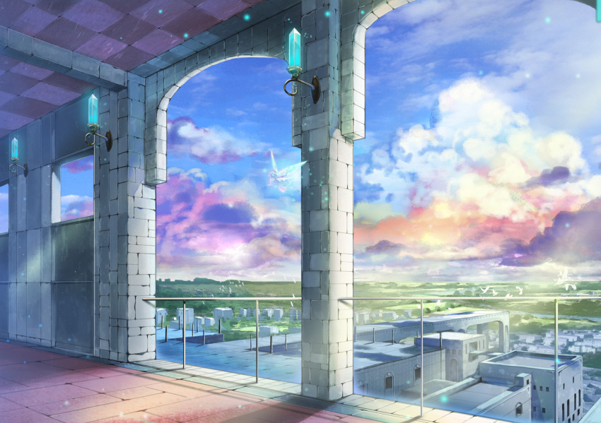 clouds cloudy_sky column commentary_request day fairy fantasy flying horizon lamp landscape magic miso_katsu no_humans outdoors pillar railing scenery sky town