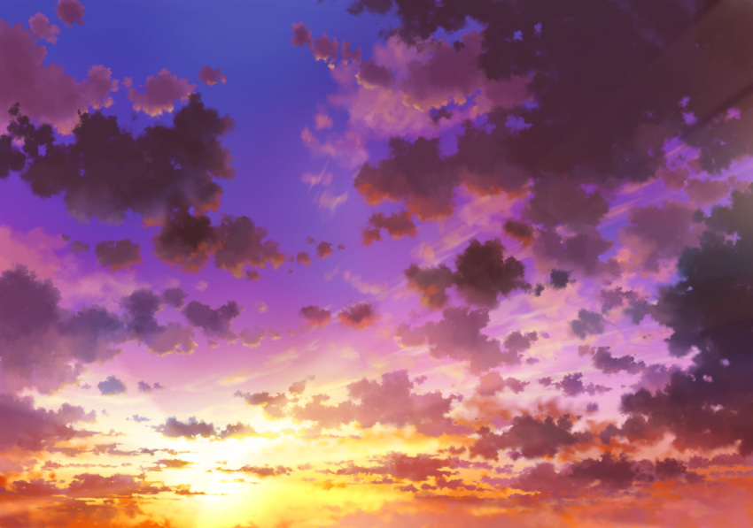 clouds cloudy_sky commentary_request gradient_sky highres no_humans outdoors purple_sky sakanamodoki scenery sky sunlight sunset