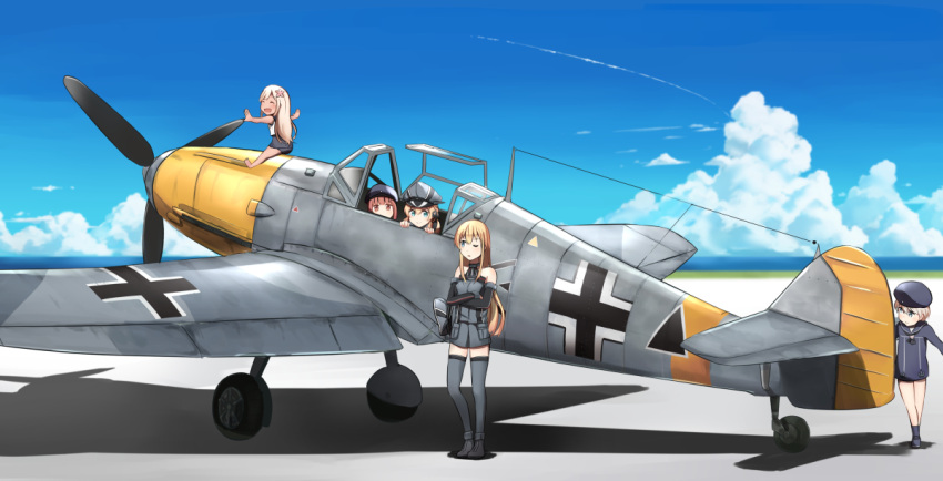 5girls ^_^ ^o^ aircraft airplane auburn_hair bare_shoulders bf_109 bismarck_(kantai_collection) black_hat black_skirt blonde_hair blue_eyes brown_eyes closed_eyes crossed_arms detached_sleeves flower grey_legwear hair_between_eyes hair_flower hair_ornament hat hat_removed headwear_removed ido_(teketeke) kantai_collection long_hair military military_uniform multiple_girls one_eye_closed peaked_cap pink_flower pleated_skirt prinz_eugen_(kantai_collection) ro-500_(kantai_collection) sailor_collar sailor_hat sailor_shirt shirt short_hair skirt sleeveless sleeveless_shirt smile thigh-highs uniform z1_leberecht_maass_(kantai_collection) z3_max_schultz_(kantai_collection)