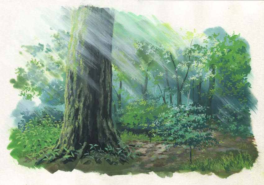 day forest grass highres nature no_humans original outdoors plant sawitou_mizuki scenery sunlight traditional_media tree