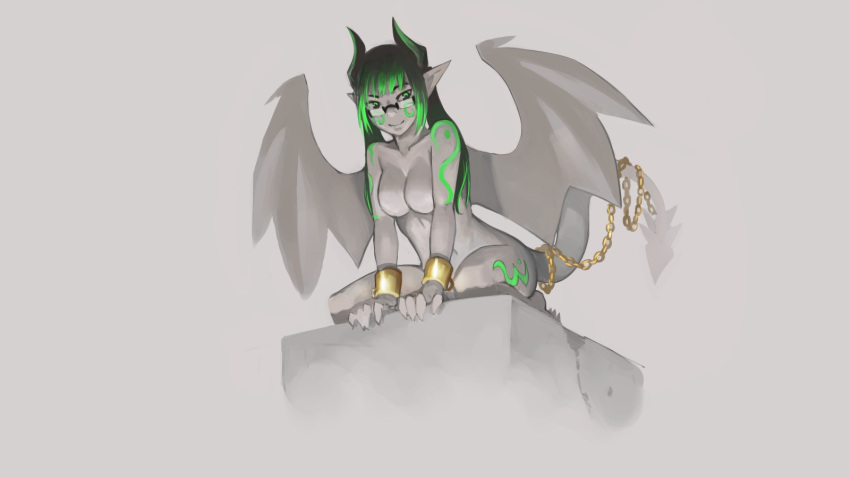 1girl black_hair breasts chains cleavage collarbone commentary cuffs demon_girl demon_tail demon_wings english_commentary full_body fusion gargoyle_(monster_girl_encyclopedia) glasses green_eyes green_hair grey_background grey_skin highres horns kneeling large_breasts leaning_forward long_hair looking_at_viewer monster_girl_encyclopedia no_nipples nude original paintrfiend pointy_ears rectangular_eyewear shackles simple_background smile solo tail tattoo tharkis twintails wings