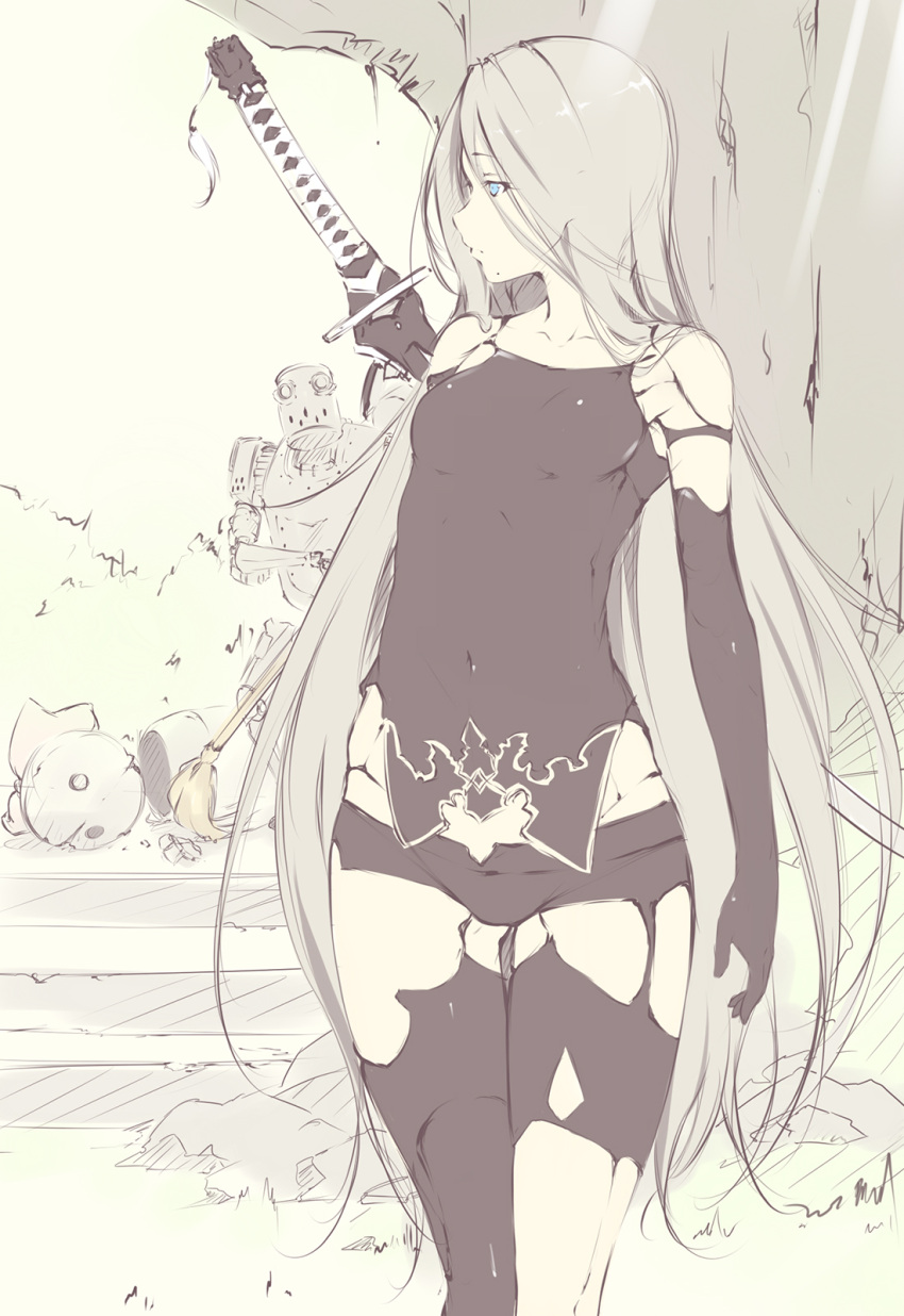 1girl black_gloves black_legwear blue_eyes breasts camisole closed_mouth covered_navel day elbow_gloves eyebrows_visible_through_hair flat_color gloves grey_hair highres katana light_rays long_hair looking_to_the_side mole mole_under_mouth nier_(series) nier_automata pantyhose profile shokuyou_mogura small_breasts solo sunbeam sunlight sword thighs torn_clothes torn_pantyhose very_long_hair weapon work_in_progress yorha_type_a_no._2