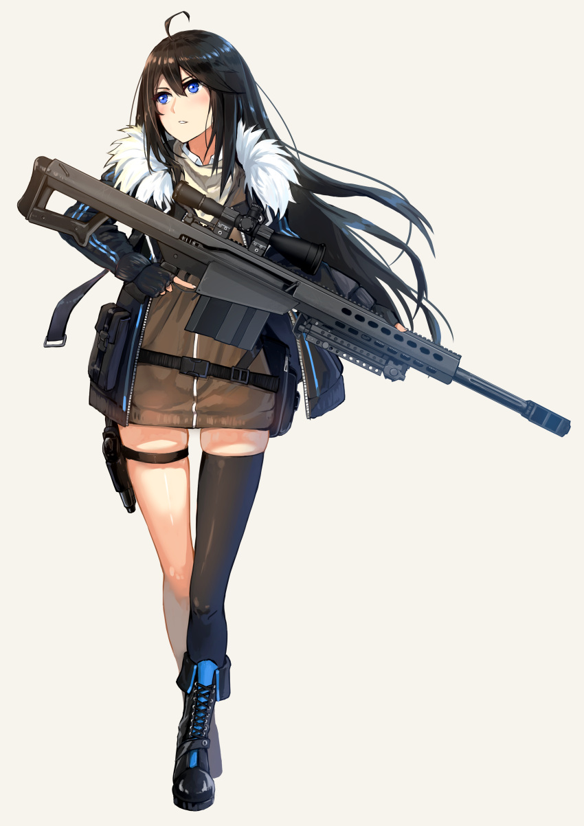 1girl absurdres ahoge anti-materiel_rifle bangs barrett_m107 beige_background belt black_boots black_hair black_legwear blush boots brown_dress cross-laced_footwear dress floating_hair fur-trimmed_jacket fur_trim girls_frontline gun hair_between_eyes highres holding holding_gun holding_weapon holster jacket long_hair looking_to_the_side open_clothes open_jacket original parted_lips rifle sidelocks simple_background single_thighhigh sniper_rifle solo sweater sweater_dress swept_bangs thigh-highs thigh_holster thigh_strap trigger_discipline ukeuke weapon