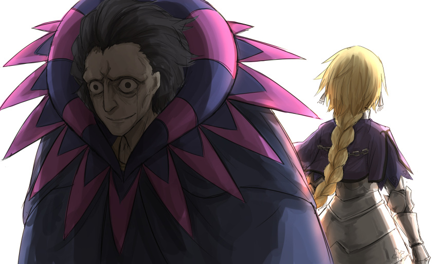 1boy 1girl black_eyes black_hair blonde_hair bloom braid capelet caster_(fate/zero) crying crying_with_eyes_open fate/zero fate_(series) fauld highres jacket kan_(aaaaari35) long_hair parted_lips purple_jacket ruler_(fate/apocrypha) single_braid smile tears upper_body