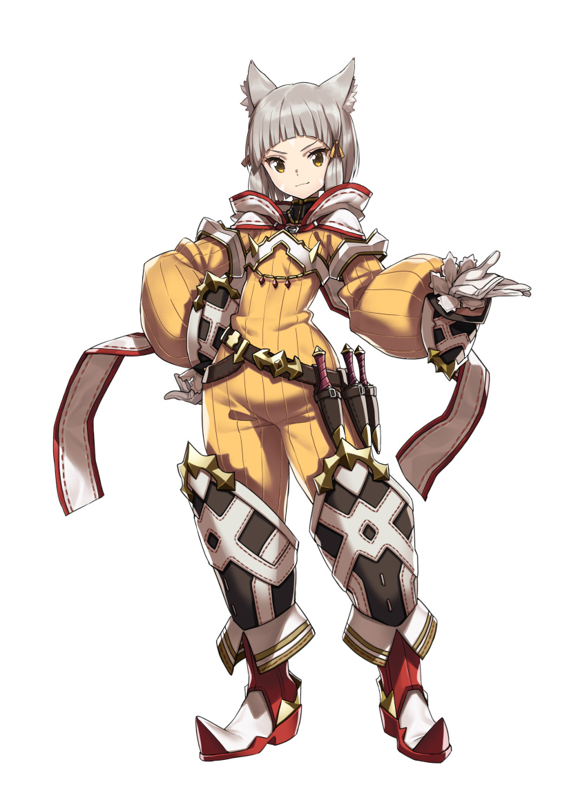 1girl absurdres animal_ears beltskirt boots cat_ears dagger facial_mark full_body gloves hand_on_hip highres looking_at_viewer official_art pointy_shoes puffy_sleeves saitou_masatsugu sheath shoes silver_hair solo weapon white_gloves xenoblade xenoblade_2 yellow_eyes