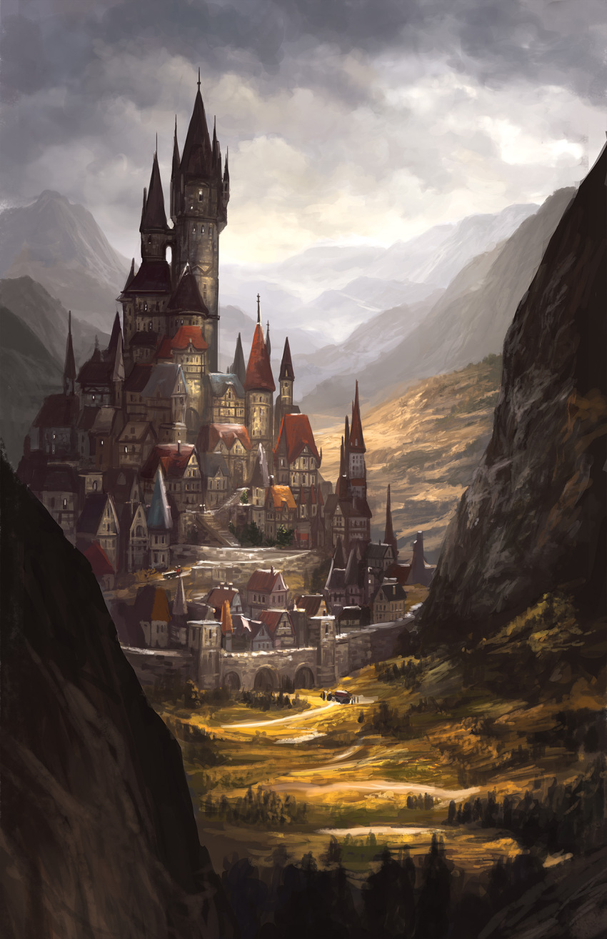 alayna_danner castle city clouds cloudy_sky commentary edge_of_darkness fantasy gate grey_sky highres landscape mountain outdoors path road scenery signature sky tower valley wall