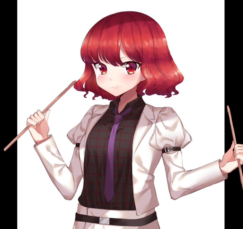 1girl bangs belt black_shirt blush closed_mouth collared_shirt drumsticks eyebrows_visible_through_hair gem_oblivion highres holding horikawa_raiko jacket juliet_sleeves long_sleeves looking_at_viewer necktie open_clothes open_jacket puffy_sleeves purple_necktie red_eyes redhead shirt short_hair smile solo touhou upper_body white_jacket