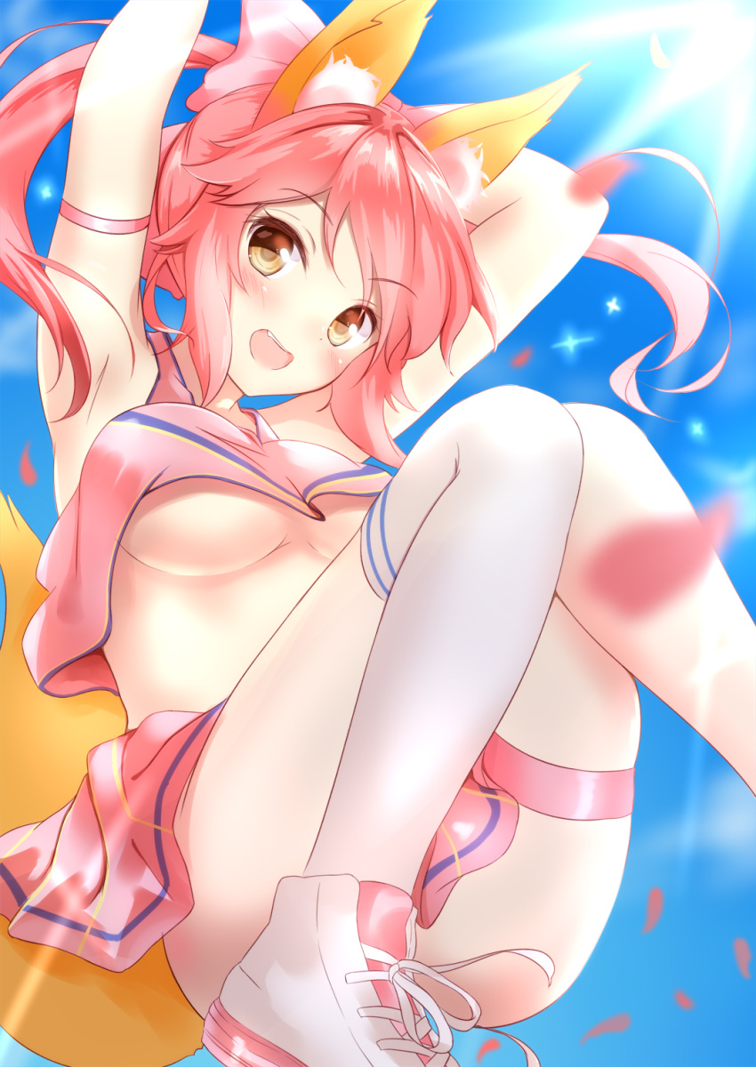 1girl :d animal_ears armpits blue_sky blush bow breasts clouds fate/grand_order fate_(series) fox_ears fox_tail hair_bow highres legs long_hair looking_at_viewer medium_breasts open_mouth petals pink_bow pink_hair pink_skirt single_thighhigh skirt sky smile solo sunlight tail tamamo_(fate)_(all) tamamo_no_mae_(fate) thigh-highs under_boob white_legwear yellow_eyes yuuyu