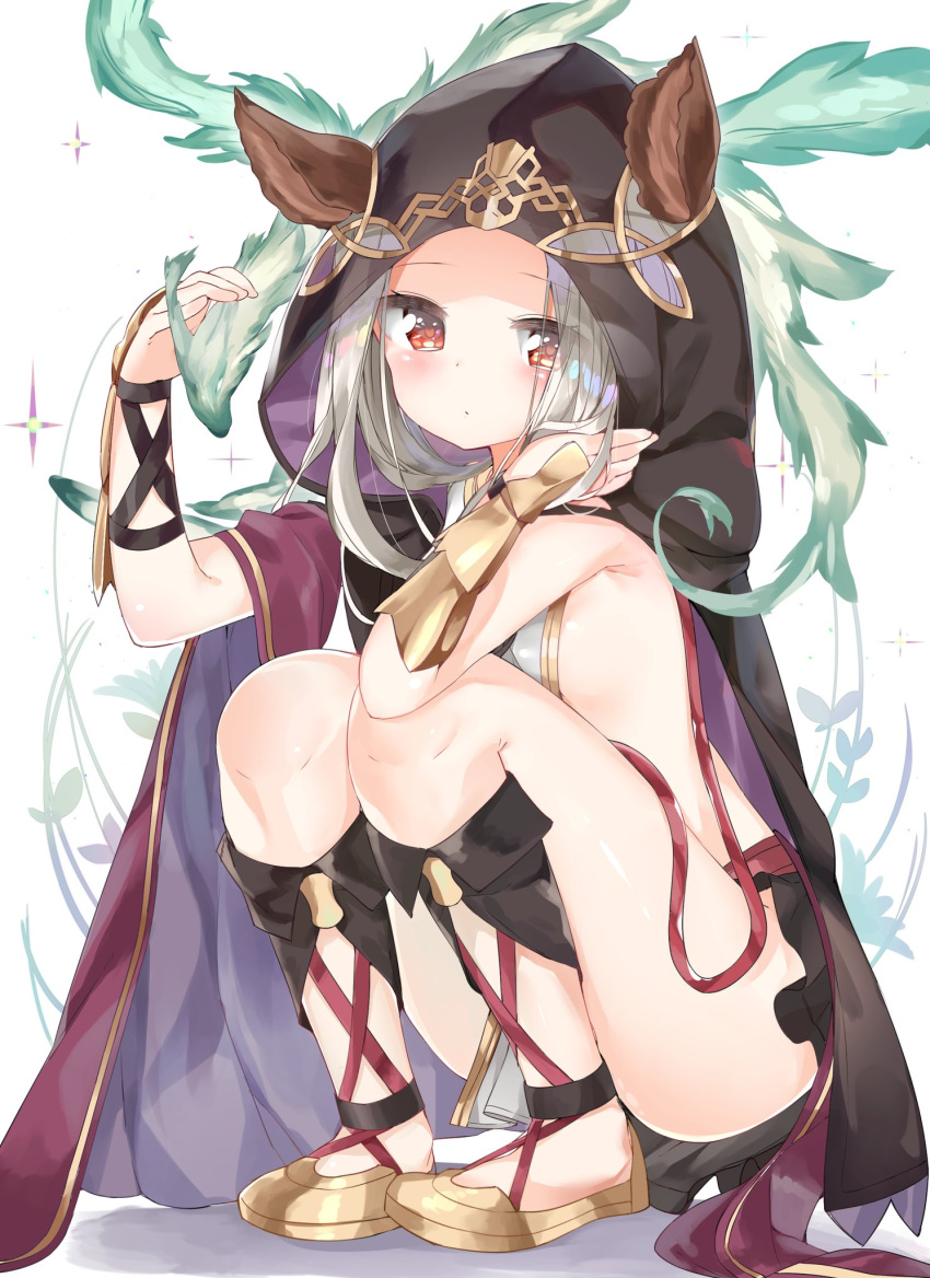 1girl animal_ears backless_outfit blush cloak erun_(granblue_fantasy) from_side granblue_fantasy highres hood hooded_cloak jpeg_artifacts kamioka_shun'ya looking_at_viewer no_socks red_eyes shoes silver_hair skasaha_(granblue_fantasy) solo squatting