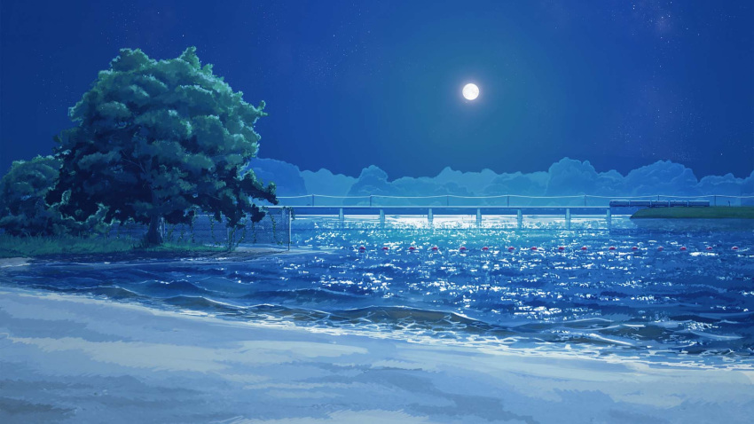 arsenixc beach blue_sky bridge clouds commentary day everlasting_summer full_moon gradient_sky ground_vehicle highres moon no_humans outdoors power_lines reflection sand scenery shore sky train tree waves