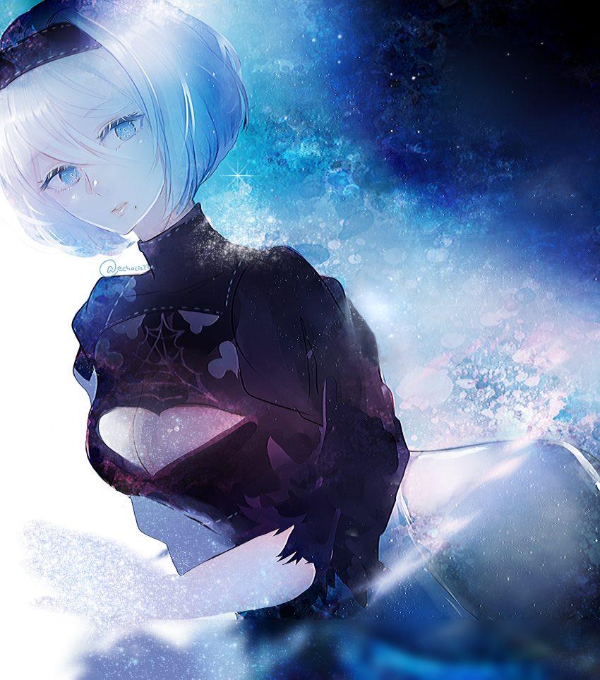 1girl blue_eyes bob_cut dress highres looking_at_viewer lumicakes nier_(series) nier_automata solo white_hair yorha_no._2_type_b