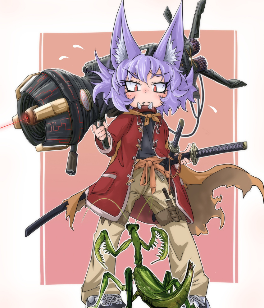 1girl animal_ears bangs belt blush closed_mouth collar dog_ears doitsuken eyebrows_visible_through_hair fang fang_out flying_sweatdrops foreshortening gun highres holding holding_gun holding_weapon jacket katana knife laser_sight leg_belt looking_down messy_hair multiple_swords original over_shoulder pants perspective pink_background pocket praying_mantis red_eyes red_jacket rocket_launcher science_fiction shoes short_hair slit_pupils solo spiked_collar spikes standing sword weapon weapon_over_shoulder yellow_pants
