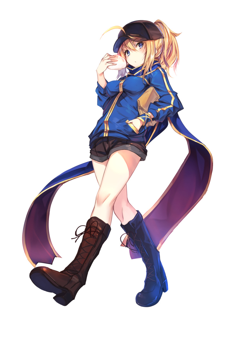 1girl ahoge artoria_pendragon_(all) bangs baozi baseball_cap blonde_hair blue_eyes blue_jacket boots breasts brown_boots commentary commentary_request cross-laced_footwear eyebrows_visible_through_hair fal_maro fate/grand_order fate_(series) food from_below full_body hair_between_eyes hand_in_pocket hat highres holding holding_food jacket lace-up_boots looking_at_viewer looking_down medium_breasts mysterious_heroine_x ponytail scarf shorts simple_background solo track_jacket walking white_background