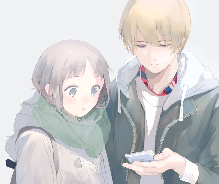 1boy 1girl :o aspara bangs blonde_hair blue_eyes blush cellphone duffel_coat enpera fringe green_scarf hand_up highres holding holding_phone hood hoodie jacket looking_at_phone open_clothes open_jacket open_mouth original phone scarf sidelocks simple_background smartphone upper_body white_background