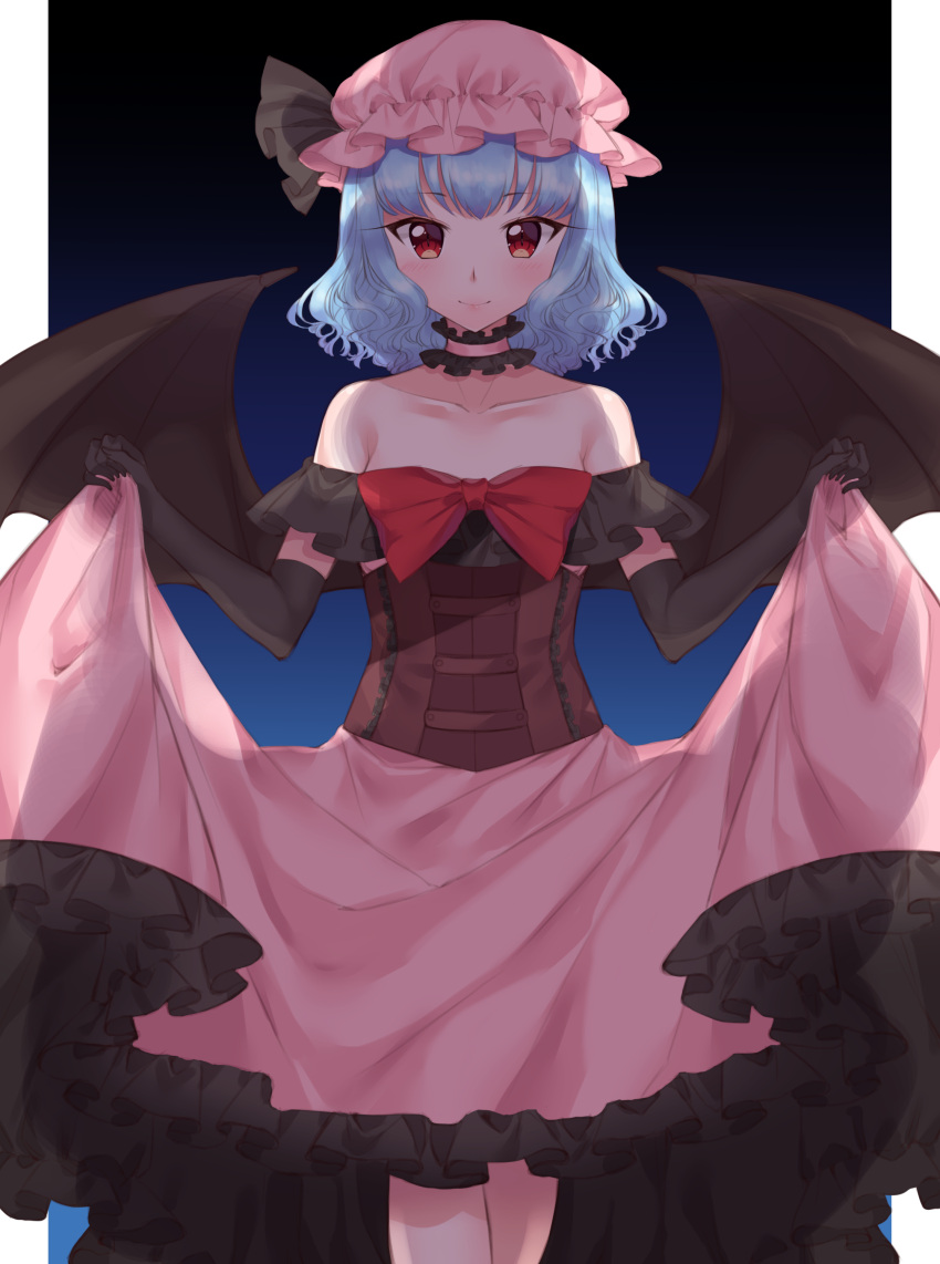 1girl absurdres bangs bare_shoulders bat_wings black_bow black_gloves black_wings blue_hair blush bow brown_eyes choker closed_mouth elbow_gloves eyebrows_visible_through_hair gem_oblivion gloves hat hat_bow highres looking_at_viewer mob_cap pink_hat red_bow remilia_scarlet short_hair skirt_hold smile solo standing touhou wings