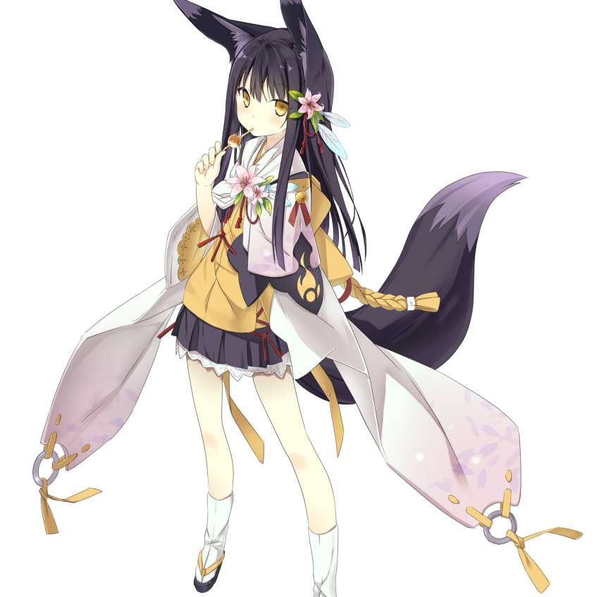 1girl animal_ears black_hair borrowed_character eating flower food fox_ears fox_tail full_body geta hair_flower hair_ornament highres japanese_clothes kuromitsu_nene lolita_fashion long_hair looking_at_viewer original solo standing tabi tail tameiki wa_lolita wide_sleeves yellow_eyes