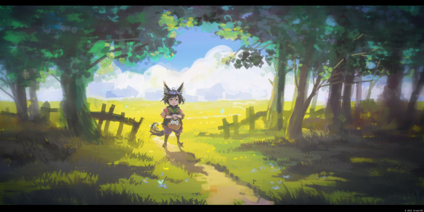 1girl :o ahoge animal_ears arsenixc basket black_eyes black_hair bracelet cat child clouds commentary_request day dot_nose fantasy fence fox_ears fox_girl fox_tail highres holding_basket jewelry letterboxed looking_at_viewer original outdoors parted_lips scenery shadow short_hair solo standing tail tree tree_shade