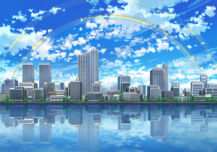 blue_sky building city clouds cloudy_sky commentary highres no_humans outdoors rainbow reflection sakanamodoki scenery sky skyline skyscraper water_surface