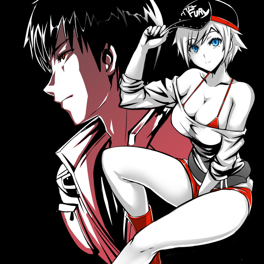 1boy 1girl alice_(fatal_fury) breasts hat highres kusanagi_kyou looking_at_viewer monochrome okyou short_hair smile the_king_of_fighters the_king_of_fighters_xiv