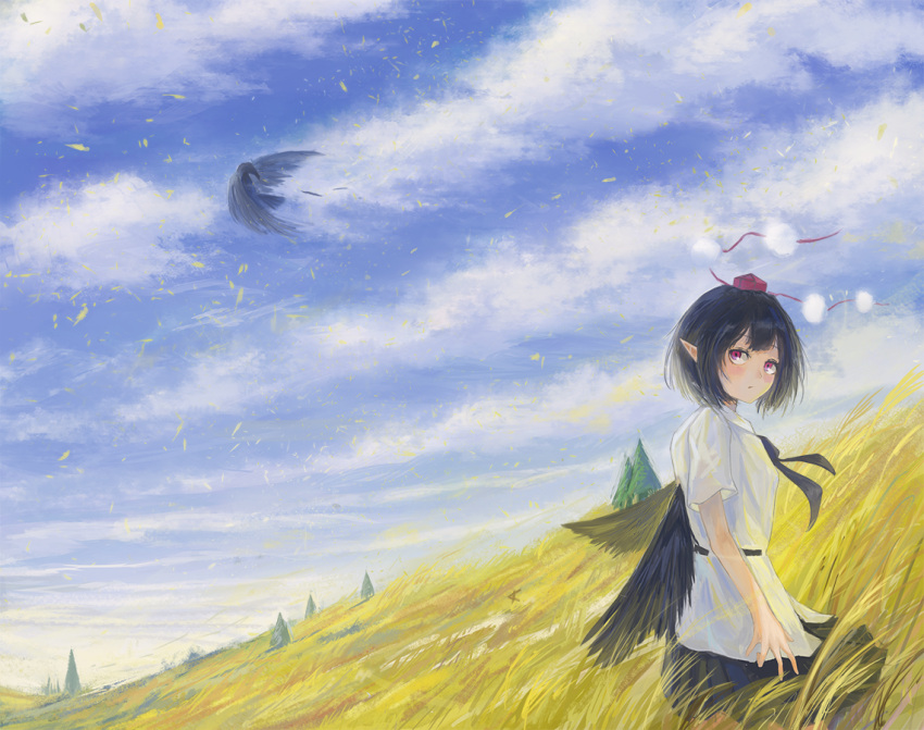 1girl arm_at_side belt bird bird_wings black_hair black_ribbon black_skirt black_wings blue_sky clouds cowboy_shot crow day expressionless eyelashes feathered_wings fjsmu hat hill looking_back looking_up outdoors petals pine_tree pleated_skirt pointy_ears pom_pom_(clothes) red_eyes ribbon shameimaru_aya shirt short_hair short_sleeves skirt sky solo standing tall_grass tokin_hat touhou tree untucked_shirt white_shirt wind wings