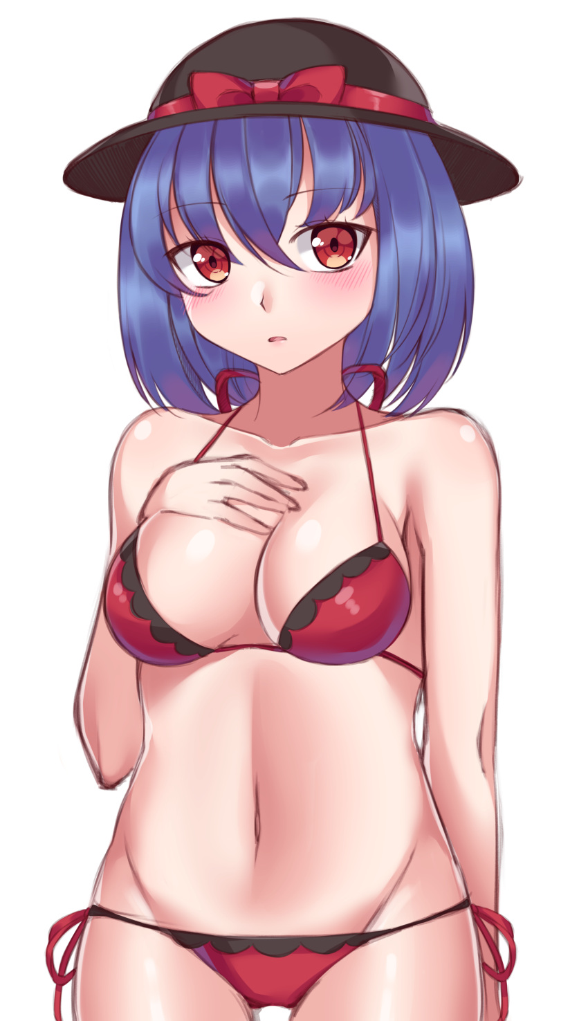 1girl absurdres bangs bare_arms bare_shoulders bikini black_hat blue_hair blush bow breasts brown_eyes cowboy_shot eyebrows_visible_through_hair gem_oblivion groin hair_between_eyes halter_top halterneck hand_on_own_chest hat hat_bow highres looking_at_viewer medium_breasts nagae_iku navel parted_lips red_bow short_hair side-tie_bikini simple_background solo swimsuit touhou white_background