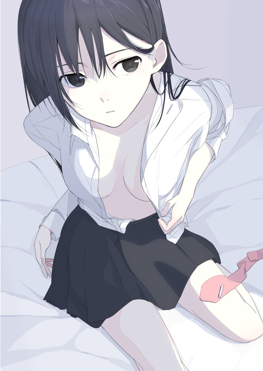 1girl absurdres aspara bangs black_hair breasts dress_shirt expressionless grey_eyes highres long_hair looking_at_viewer necktie necktie_removed open_clothes open_shirt original parted_lips pink_necktie pleated_skirt shirt sidelocks sitting skirt small_breasts solo thighs