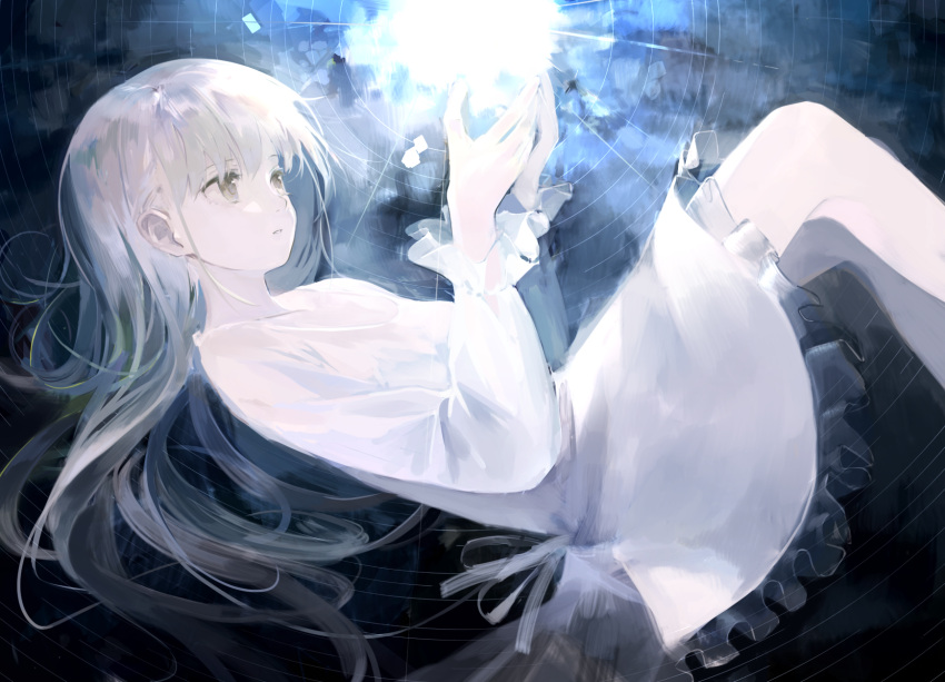 1girl aspara bangs blue cupping_hands dress frilled_dress frills from_side grey_eyes grey_eyes grey_hair hands_up highres light_rays long_hair original parted_lips silver_hair solo white white_dress