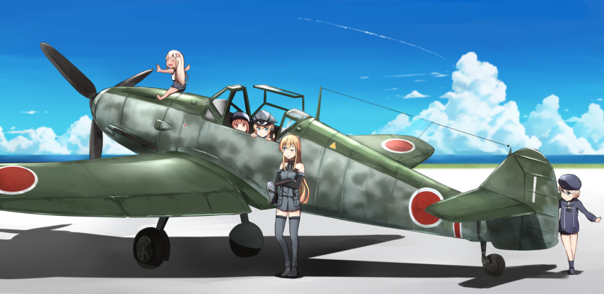 4girls ^_^ ^o^ aircraft airplane auburn_hair bare_shoulders bismarck_(kantai_collection) black_hat black_skirt blonde_hair blue_eyes brown_eyes closed_eyes crossed_arms detached_sleeves flower grey_legwear hair_between_eyes hair_flower hair_ornament hat ido_(teketeke) kantai_collection long_hair military military_uniform multiple_girls no_hat no_headwear one_eye_closed peaked_cap pink_flower pleated_skirt prinz_eugen_(kantai_collection) ro-500_(kantai_collection) sailor_collar sailor_hat sailor_shirt shirt short_hair skirt sleeveless sleeveless_shirt smile thigh-highs uniform z3_max_schultz_(kantai_collection)