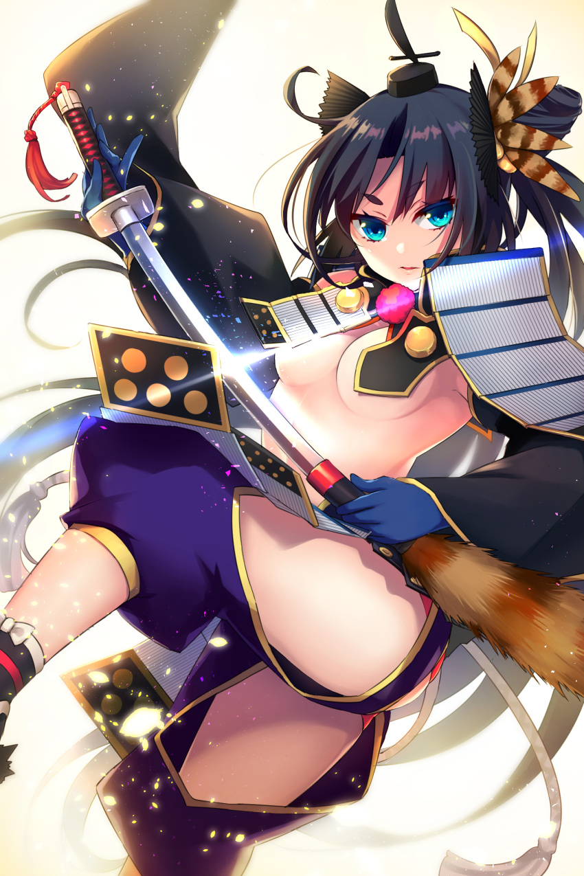 1girl armor ass black_hair blue_eyes blue_gloves breasts cocorosso detached_sleeves fate/grand_order fate_(series) gloves highres holding holding_sword holding_weapon katana looking_at_viewer red_eyes sheath solo sword under_boob unsheathing ushiwakamaru_(fate/grand_order) weapon