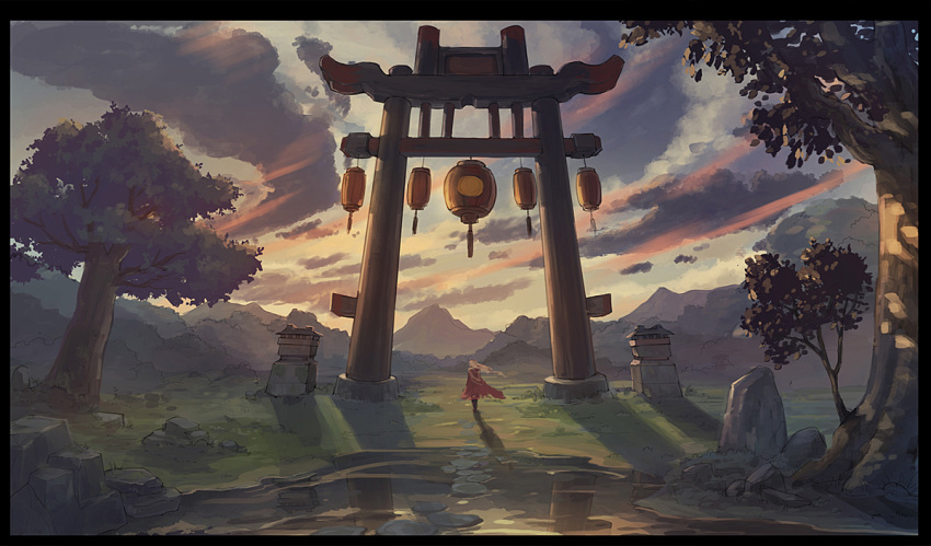1girl apec-lan blonde_hair cape clouds cloudy_sky commentary_request long_hair mountain outdoors red_cape sky solo standing statue sunset torii tree