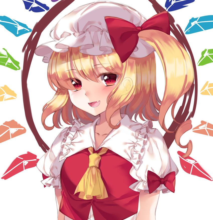 1girl :d absurdres ascot bangs blonde_hair blush bow eyebrows_visible_through_hair flandre_scarlet gem_oblivion hat highres looking_at_viewer mob_cap open_mouth red_bow red_eyes short_sleeves side_ponytail simple_background slit_pupils smile solo touhou upper_body white_background white_hat