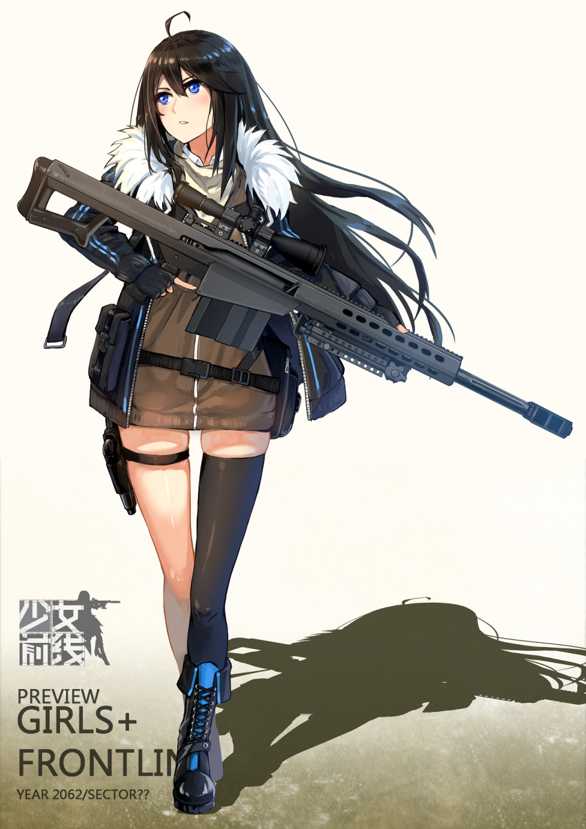 1girl ahoge anti-materiel_rifle bangs barrett_m107 belt black_boots black_hair black_legwear blush boots brown_dress copyright_name cross-laced_footwear dress floating_hair fur-trimmed_jacket fur_trim girls_frontline gun hair_between_eyes highres holding holding_gun holding_weapon holster jacket long_hair looking_to_the_side open_clothes open_jacket original parody parted_lips rifle sidelocks single_thighhigh sniper_rifle solo sweater sweater_dress swept_bangs thigh-highs thigh_holster thigh_strap trigger_discipline ukeuke weapon