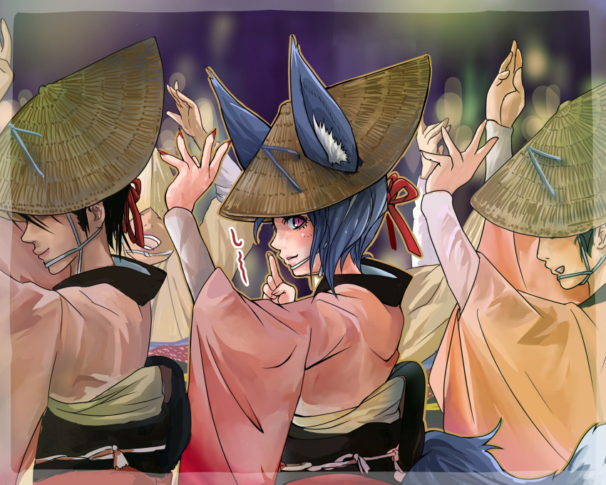 1girl animal_ears black_hair blue_hair dancing doitsuken ears_through_headwear finger_to_mouth fingernails fox_ears fox_tail from_side hands_up hat highres index_finger_raised japanese_clothes kimono long_sleeves looking_at_viewer looking_to_the_side nail_polish obi original parted_lips pink_eyes pink_kimono red_nails sash sharp_fingernails short_hair shushing slit_pupils smile solo_focus straw_hat tail tied_hair translated wide_sleeves