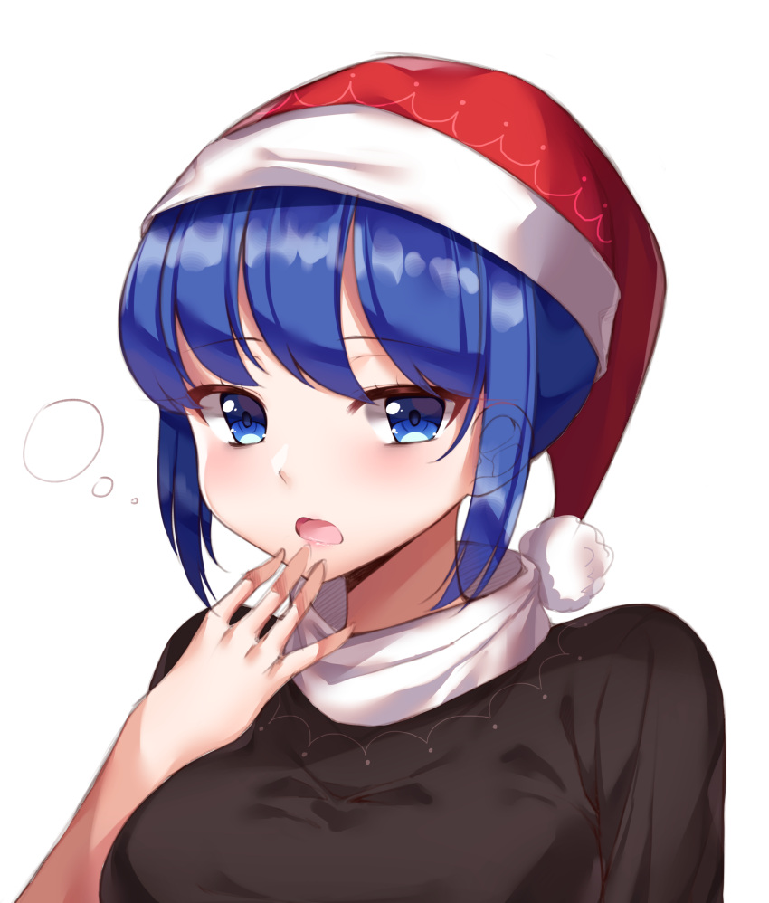 1girl absurdres bangs blue_eyes blue_hair doremy_sweet eyebrows_visible_through_hair gem_oblivion hand_to_own_mouth hat highres looking_at_viewer nightcap open_mouth short_hair simple_background solo touhou upper_body white_background yawning