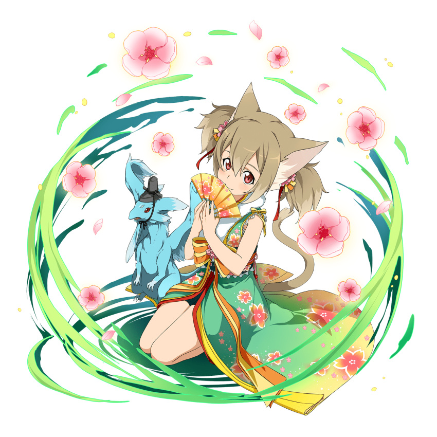 1girl animal_ears brown_hair cat_ears cat_tail fan floral_print flower hair_ribbon hands_together highres holding holding_fan japanese_clothes looking_at_viewer official_art pina_(sao) red_eyes ribbon seiza short_hair short_twintails silica sitting sleeveless smile sword_art_online tail transparent_background twintails