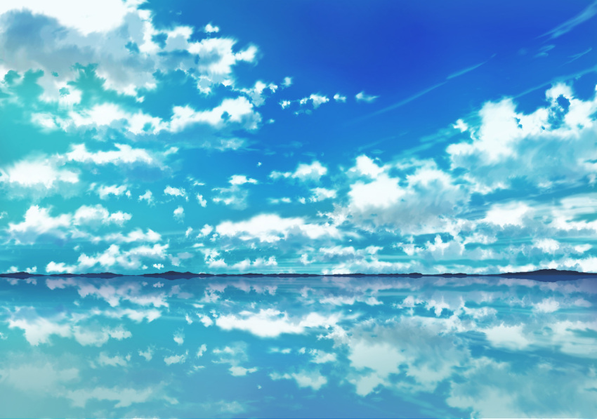 blue_sky clouds cloudy_sky commentary_request day highres horizon lake no_humans outdoors reflection sakanamodoki scenery sky water_surface