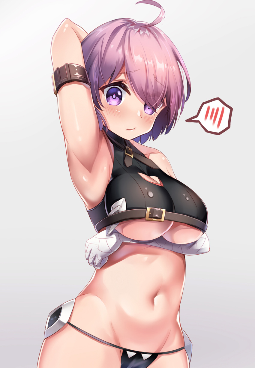 1girl ahoge arm_behind_head armpits assassin_of_black assassin_of_black_(cosplay) bandage bandaged_arm bare_shoulders black_panties blush breasts cleavage_cutout closed_mouth commentary_request cosplay eyebrows_visible_through_hair eyes_visible_through_hair fate/apocrypha fate/grand_order fate_(series) grey_background hair_over_one_eye highres looking_at_viewer medium_breasts navel panties pout pupupu_(1053378452) purple_hair shielder_(fate/grand_order) short_hair simple_background solo speech_bubble spoken_blush under_boob underwear violet_eyes