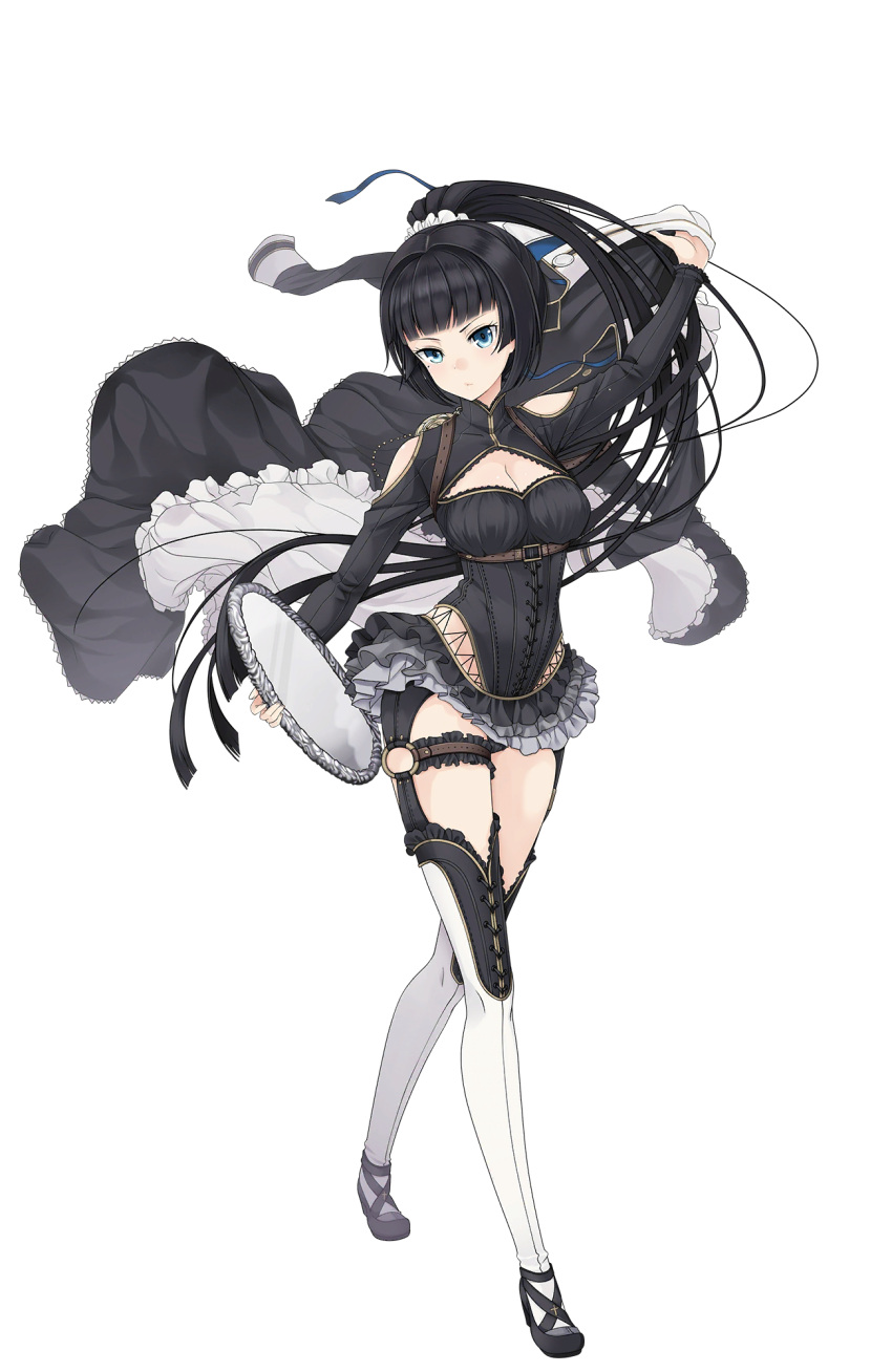 1girl arm_up black_hair black_shoes blue_eyes breasts cleavage cleavage_cutout frilled_skirt frills full_body highres holding holding_tray josie_rosebud long_hair looking_at_viewer maid medium_breasts official_art princess_principal princess_principal_game_of_mission shoes shoulder_cutout skirt standing thigh-highs thigh_strap tray very_long_hair white_legwear